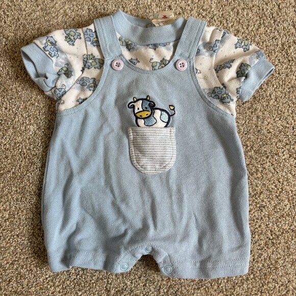Vintage Baby One Piece Short Romper Light Blue Cows Size 6 months - Picture 1 of 8